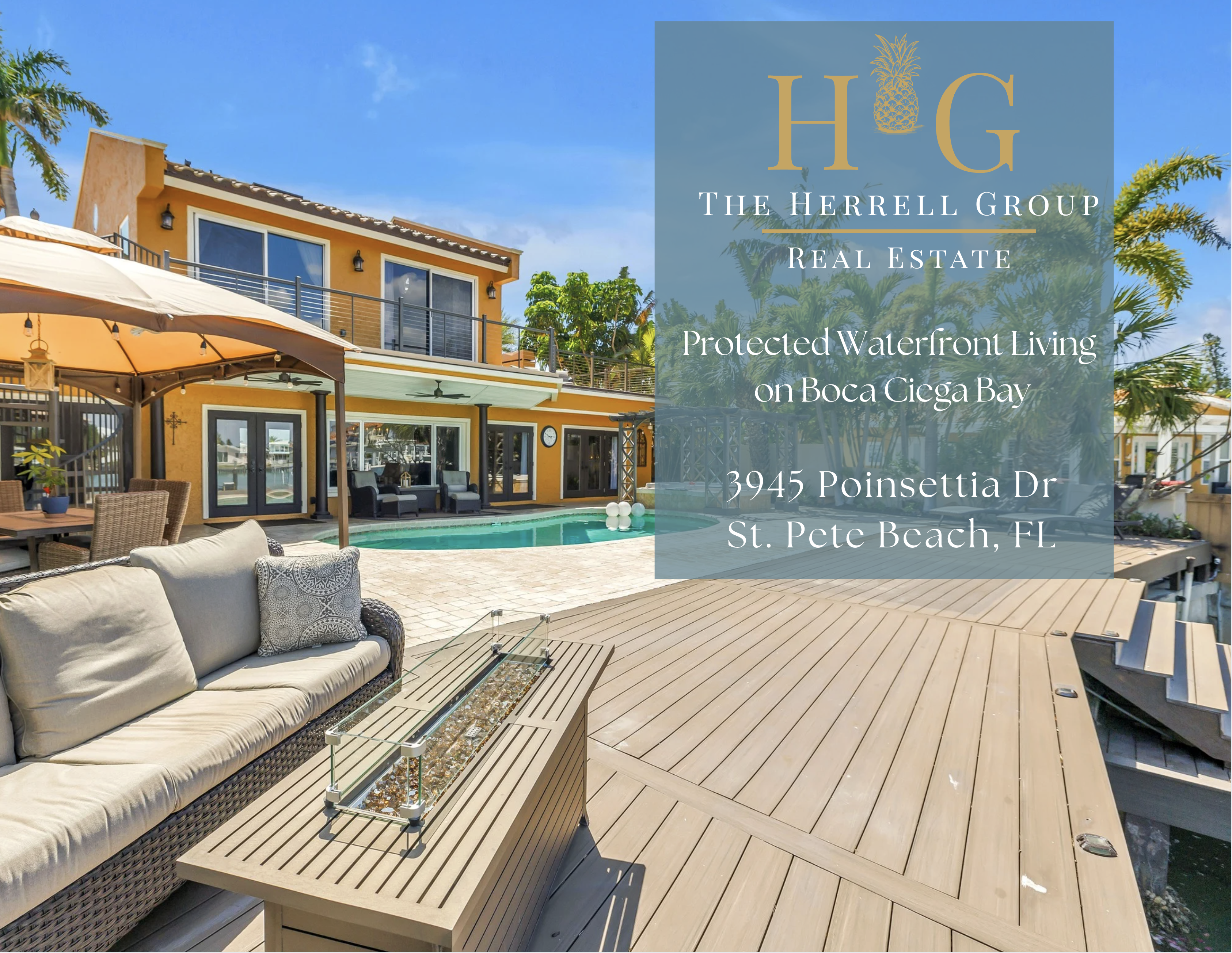 Featured listing graphic for 3945 Poinsettia Dr with the H·G lockup and overlaid Seasons caption on a teal panel
