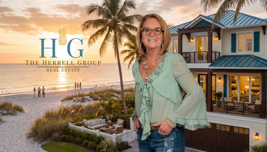 The Herrell Group — Tina Herrell on a St. Pete Beach shoreline at sunset beside a coastal home, with the H·G pineapple logo