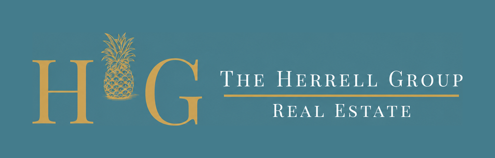Gold reversed horizontal lockup: all-gold H·G monogram and pineapple beside white THE HERRELL GROUP, REAL ESTATE wordmark, on Bismark Teal