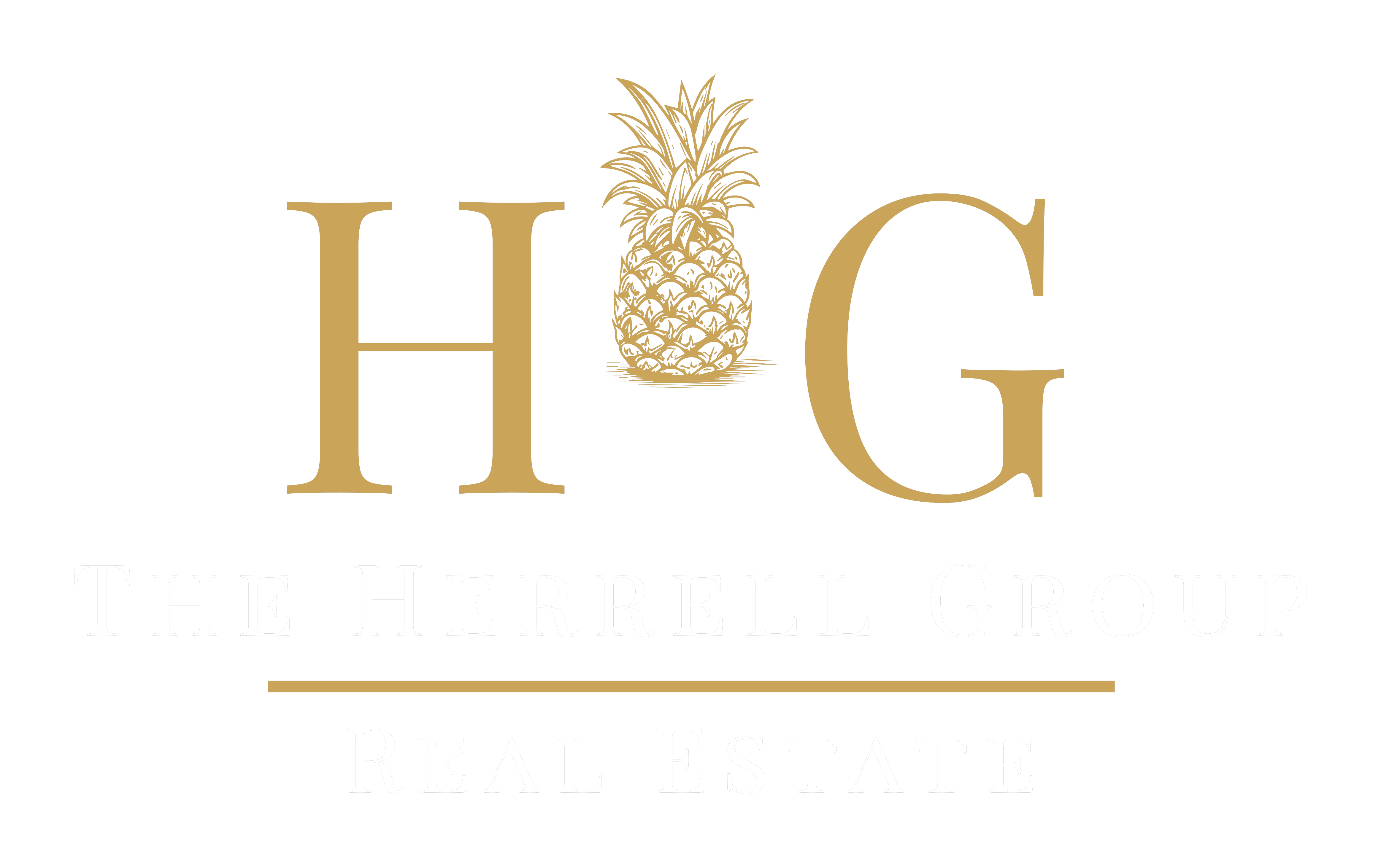 Gold reversed stacked lockup: all-gold H·G monogram and pineapple with white THE HERRELL GROUP, REAL ESTATE wordmark, on Bismark Teal