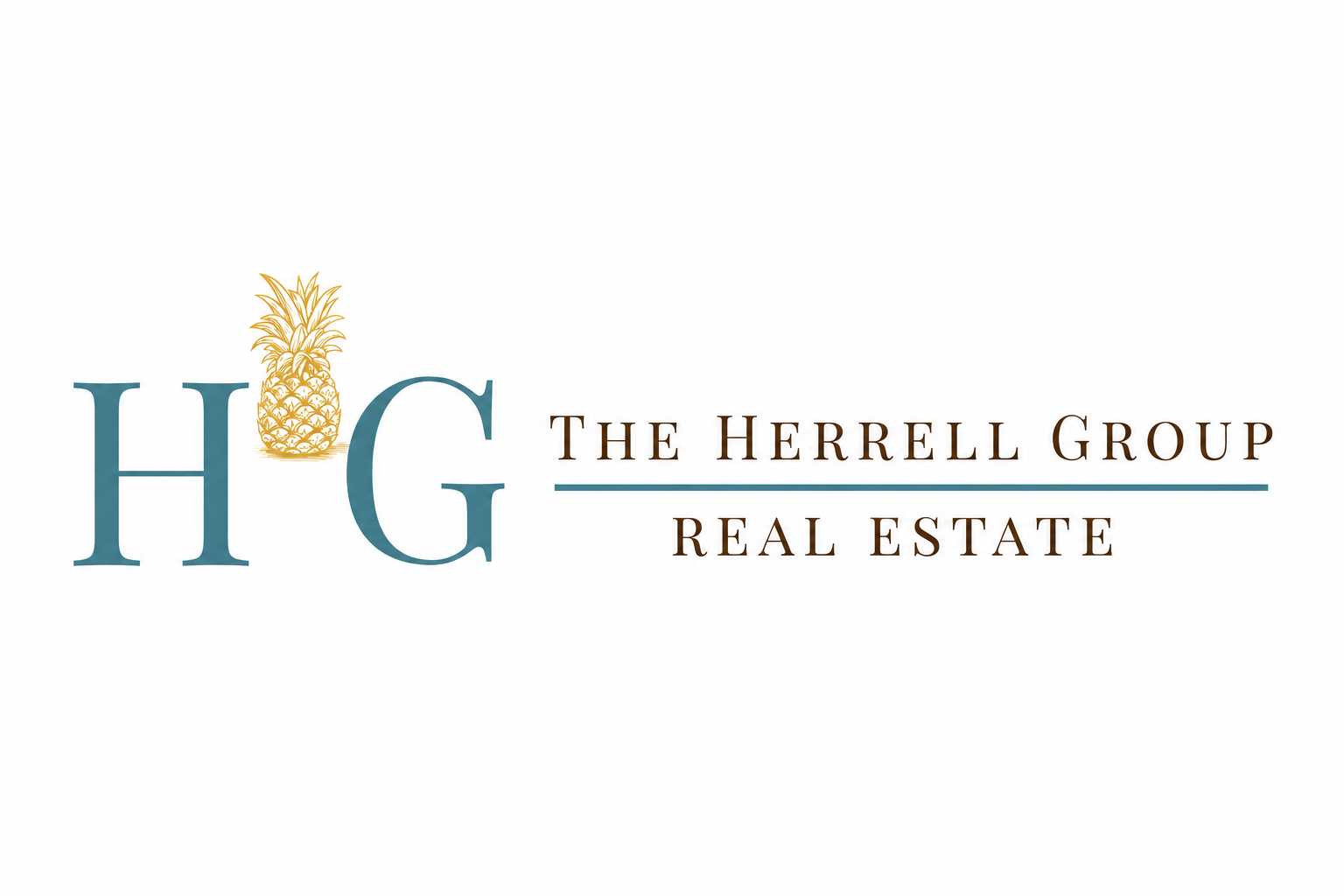 The Herrell Group horizontal lockup: teal H·G monogram with gold pineapple beside THE HERRELL GROUP, REAL ESTATE