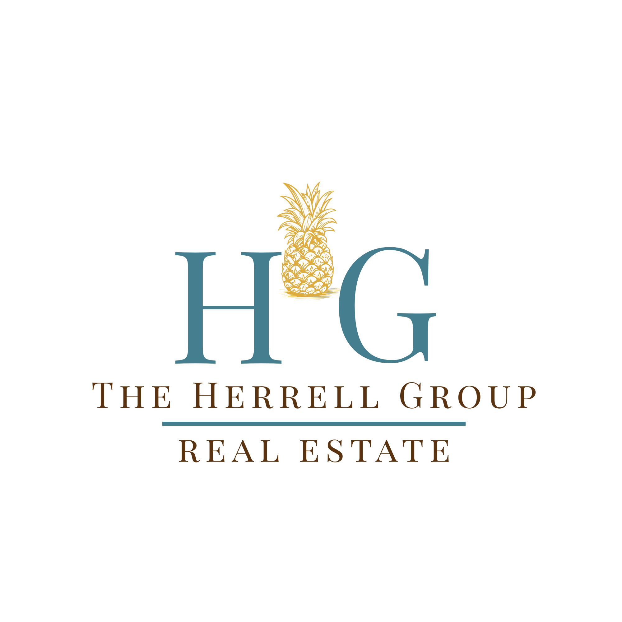 The Herrell Group primary stacked lockup: teal H·G monogram with gold pineapple above THE HERRELL GROUP, REAL ESTATE