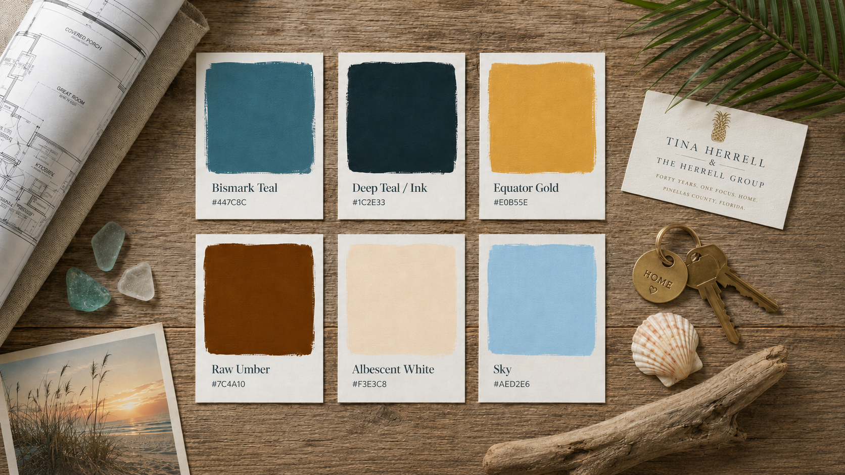 The Herrell Group color palette as painted chips on weathered wood: Bismark Teal #447C8C, Deep Teal / Ink #1C2E33, Equator Gold #E0B55E, Raw Umber #7C4A10, Albescent White #F3E3C8, and Sky #AED2E6